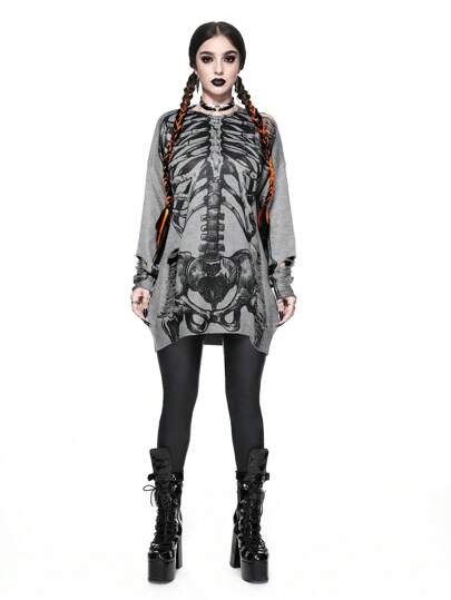 Goth Pullover oversize pour femme imprimé squelette d'Halloween délavé