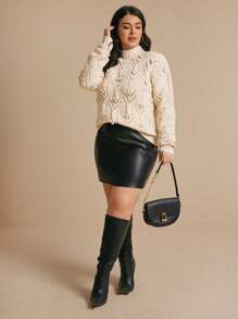Elaquor Plus Size Apricot Stand Collar Fuzzy Sweater For Winter, Warm Fall/Winter - Beige - View 3