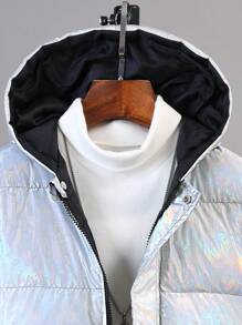 SHEIN Hooded Long Thick Padded Coat For Young Boy In Winter, With Letter Pattern, Metallic Coating & Contrast Lining