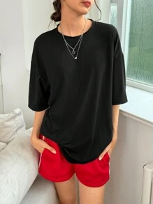 SHEIN EZwear Chất rắn Áo thun Thả vai - màu đen - Xem 5