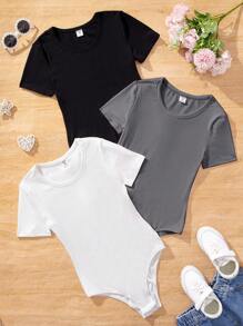 SHEIN 3pcs Tween Girls Solid Color Knit Jumpsuit Sets - Dark Grey - View 1