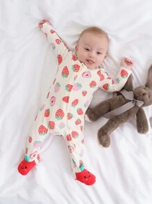 Cozy Pixies Newborn Baby Girl Strawberry Print Contrast Color Soft Knitted Romper With Footie - White - View 1