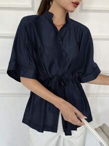 DAZY 女士休闲商务腰部抽绳设计纽扣衬衫夏季，荷叶边，商务休闲女装