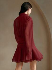 Anewsta 女士欧美小众设计荷叶边下摆休闲褶皱腰荷叶边迷你连衣裙酒红色欧根纱女装 - 酒紅色 - 查看 2