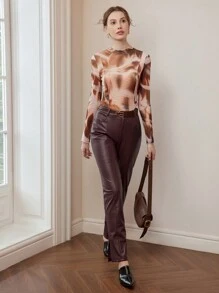 MOTF PREMIUM Áo lưới in họa tiết rau diếp toàn bộ, nửa trong suốt - Cà phê nâu - Xem 6