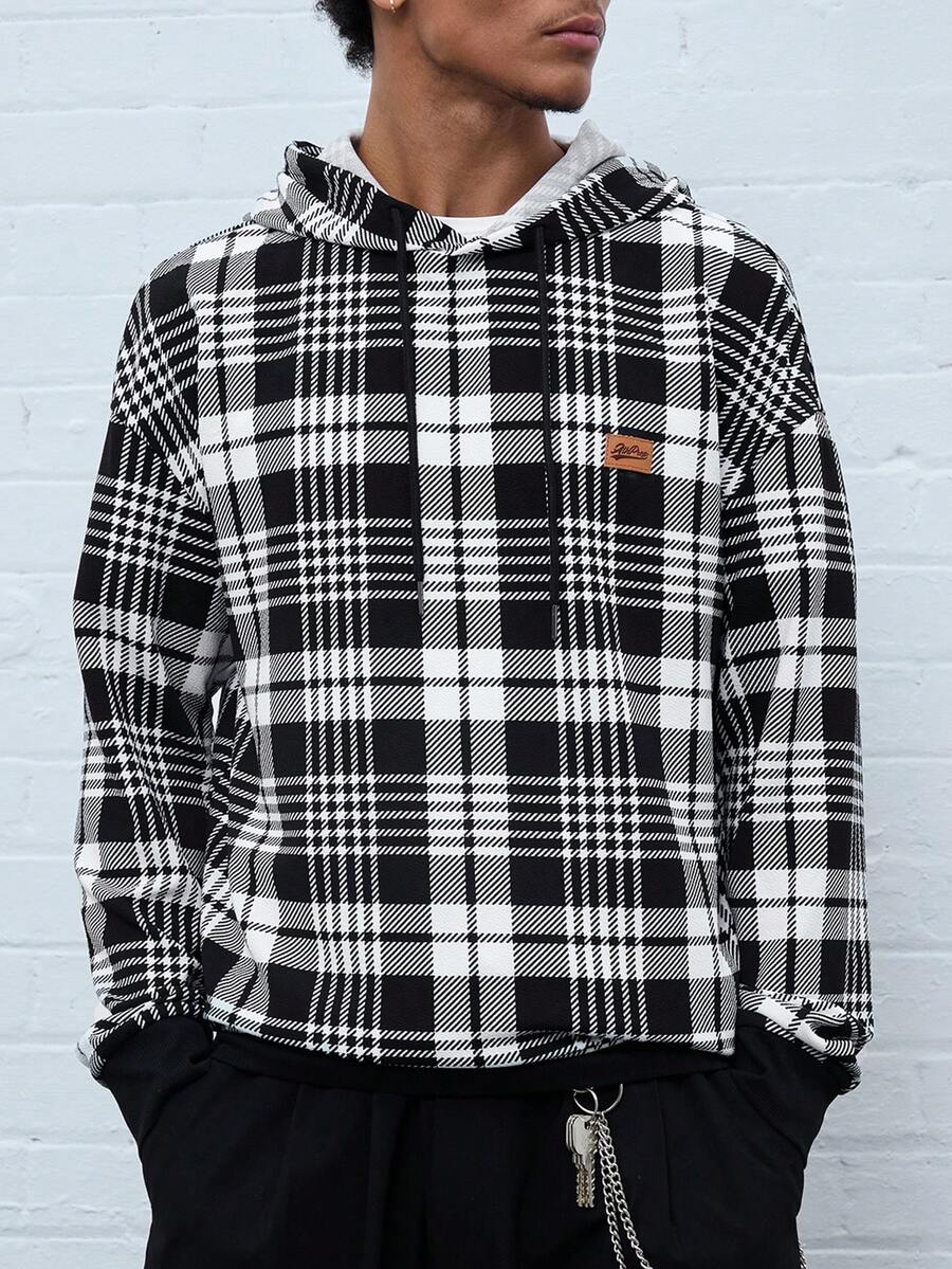 Manfinity RebelGame Men Loose Fit Checkered Hoodies In Black And White,Back To School - Multicolor - View 1
