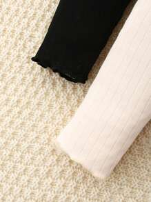 2 pièces/set Sous-vêtements longs à manches longues simples et confortables pour jeune fille, couleurs abricot et noir unicolore - Multicolore - Voir 3