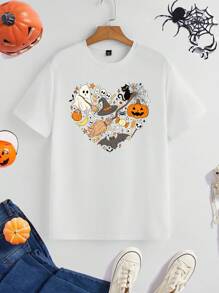 Manfinity Hypemode Áo thun cổ tròn in hình trái tim theo chủ đề Halloween thời trang giản dị hợp thời trang dành cho nam, màu trắng - trắng - Xem 3