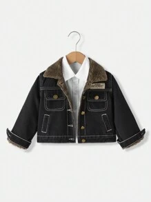 SHEIN 1 pezzo Giacca di jeans foderata termicamente per ragazzo con tasche con patta