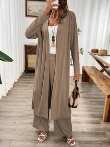 SHEIN LUNE 2 件灰色休闲长袖开衩开衫和裤子套装 - 卡其色 - 查看 3