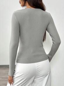 Chiquease 女士修身圆领保暖优雅毛衣，针织套头衫，秋冬款 - 深灰色 - 查看 2