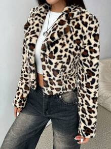 SHEIN Unity Leopard Print Fleece Cropped Jacket, Fall/Winter - Multicolor - View 7