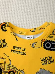 SHEIN 年轻男孩卡通汽车印花紧身长袖上衣和裤子休闲家居服，适合秋冬季 - 彩色 - 查看 3