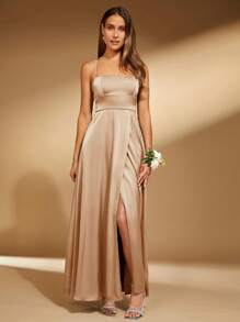 SHEIN Belle 女士纯色细肩带露背交叉开衩下摆连衣裙，优雅伴娘礼服