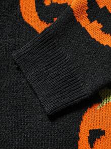 SHEIN EZwear Plus Size Women's Front Button Long Sleeve Pumpkin Orange Pattern Cardigan, Casual Daily Wear,Halloween Clothes,Halloween Curve