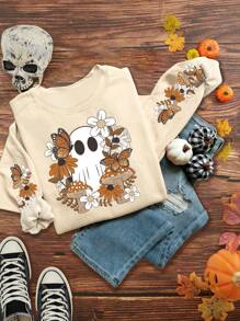 Tween Girls Cartoon Ghost & Butterfly Print Fleece Crewneck Sweatshirt, Fall/Winter - Apricot - View 1
