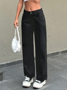 SHEIN Cottnline 100%纯棉女式低腰宽松男友风牛仔裤，带侧袋 - 黑色 - 查看 6