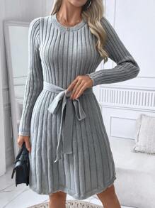 SHEIN LUNE Vestido suéter corto casual minimalista de cuello redondo, manga larga, con lazo frontal, unicolor