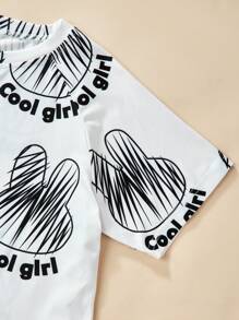 Tween Girls“Cool Girl”时尚印花 T 恤和紫红色 3D 图案工装裤套装 - 黑色 - 查看 3