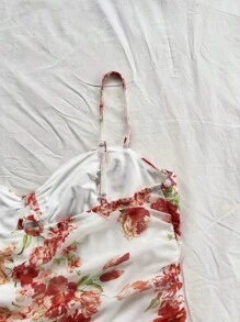 Soleia WYWH Dames Vakantie Gerimpelde Mesh Rozenprint Spaghettiband Mini Zomerjurk