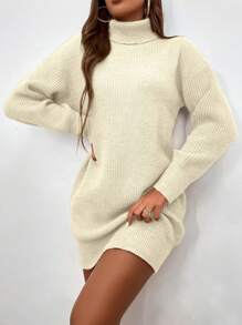 SHEIN LUNE 纯色高领长袖简约短毛衣连衣裙，休闲日常穿着