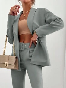 EURMUSE 女士休閒商務實色披肩領外套＆長褲套裝 - 薄荷綠 - 查看 3