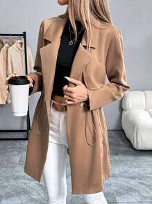 Chiquease Solid Color Drawstring Waist Trench Coat, Autumn - Brown - View 3