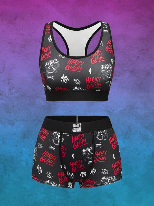 Harley Quinn | ROMWE Cartoon Character & Letter Print Racerback Sports Bra & Boxy Panty Set