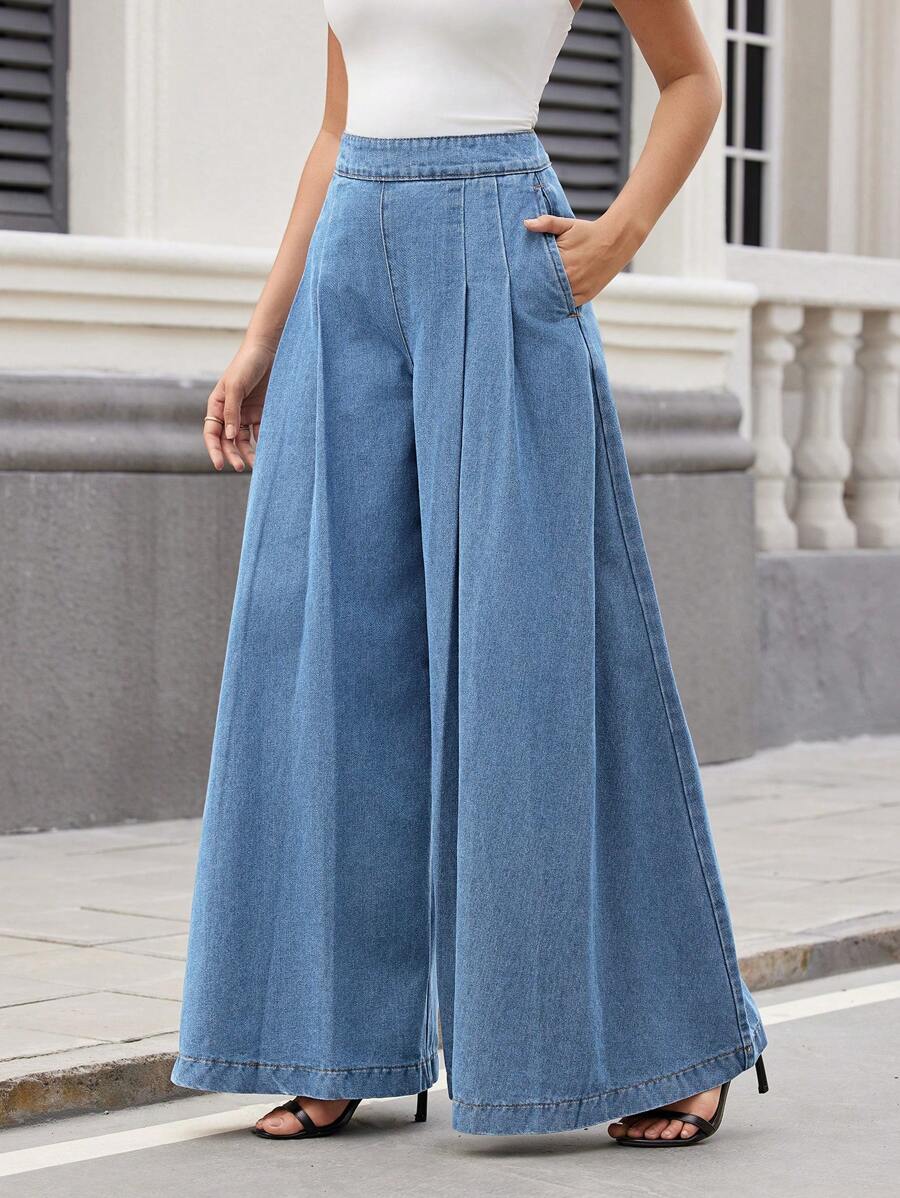 SHEIN Essnce 女士时尚纯色阔腿牛仔裤 - 淺色水洗藍 - 查看 1
