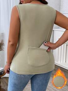 SHEIN LUNE Plus Size Women Summer Solid Round Neck Pockets Casual Tank Top - Mint Green - View 1