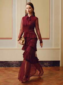 ZEYLAH DOBBY MESH TIE NECK LAYERED RUFFLE TRIM Dress