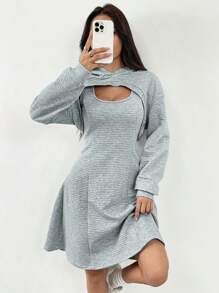 Chiquease 2pcs/Set Spring Summer Casual Solid Color Hooded Cropped Top And Sleeveless Skirt - Grey - View 7