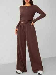 SHEIN PETITE 秋冬女针织修身上衣+阔腿裤休闲舒适家居深灰色两件套 - 咖啡棕 - 查看 7