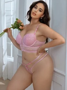 Set de lencería de 2 piezas con sujetador con aros y encaje para talla extra - Rosa - Ver 4