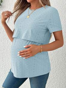 SHEIN Áo thun cổ tròn đơn giản cho bà bầu cho con bú, dành cho bà bầu - Màu xanh nhạt - Xem 4