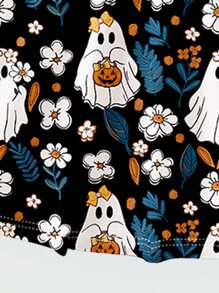 SHEIN Vestido de manga larga con línea A, estampado de lazos, flores de dibujos animados, calabaza, fantasma, adecuado para otoño/invierno, Halloween, vestido blanco para niñas, disfraz de Halloween, ropa de otoño para niñas, Halloween para niñas, vestido de fiesta de Halloween, vestido lindo