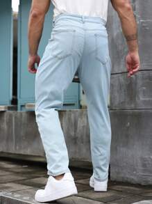 Manfinity Homme Men's Plus Size Casual Washed Ripped Tapered Jeans, Plain Light Jeans Slim Fit Long Baby Blue Washed Cargo Jeans, For Husband, Boyfriend Gifts - Blue - View 2