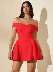 SHEIN BAE Women's White Cute Sweet Elegant Off Shoulder Dress, Solid Color Puff Skirt, Waist Cinched A-Line Peplum Dress, Suitable For Back To School, Birthday, Party, Sundress