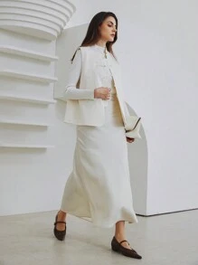 SHEIN Privé 女士优雅无袖刺绣纽扣休闲夹克 - 米色 - 查看 7