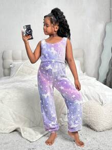 SHEIN 2 piezas Conjunto de parte superior sin mangas y pantalón de estar en casa con estampado animal de diseño sencillo de polar para niñas preadolescentes, otoño/invierno