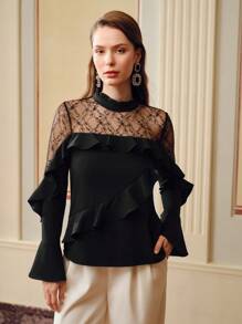 ZEYLAH FRILL MOCK NECK LACE YOKE RUFFLE TRIM BLOUSE - Black - View 4