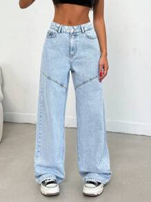 SHEIN Cottnline 100% Cotton High Waist Sewing Detailed Wideleg Jean - Light Wash - View 8