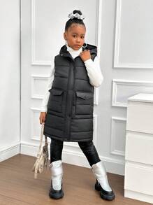 SHEIN Áo khoác không tay có mũ trùm đầu, thắt eo, đệm cho bé gái tuổi mới lớn, mùa thu/đông - màu đen - Xem 5