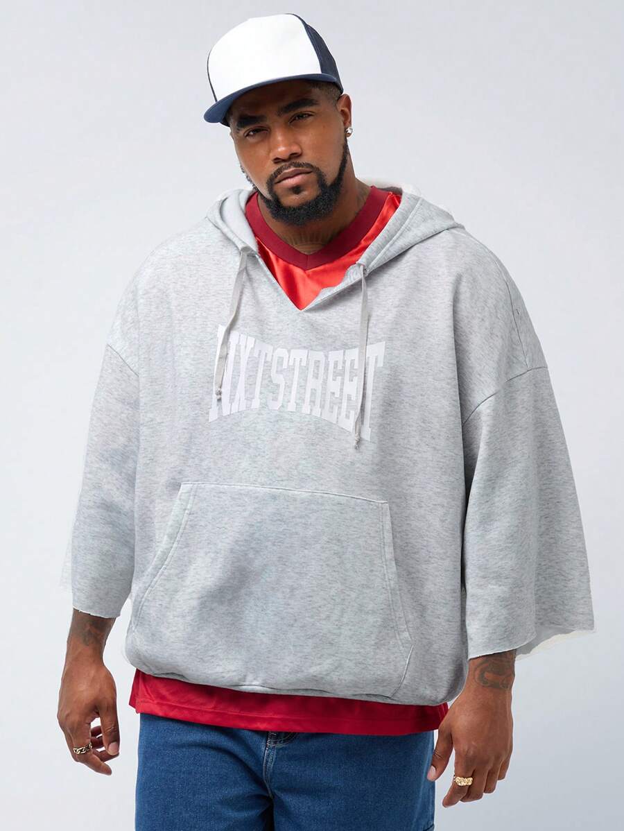 Manfinity VCAY Men's Plus Size Casual Knit Letter Printed Loose Dropped Shoulder 3/4 Sleeve Hooded Sweatshirt, For Fall Winter - Grey - View 1