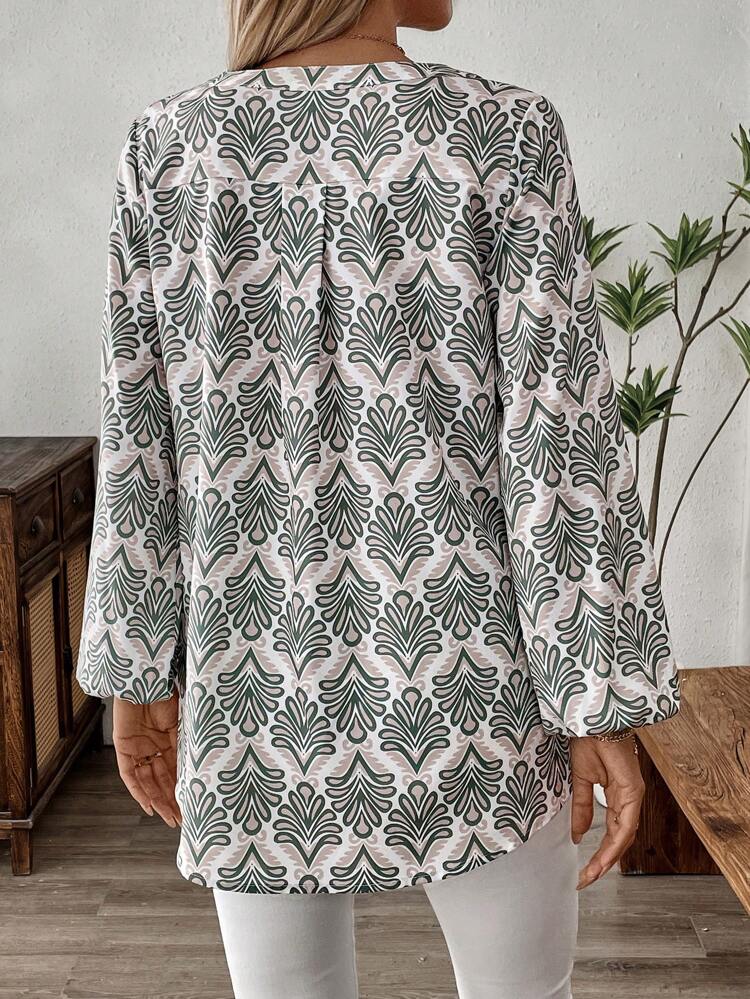 Women's Notch Collar Long Printed Blouse, Autumn