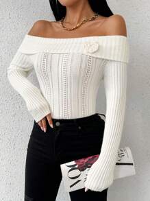 Chiquease Damen Off-Shoulder 3D Blumen gestrickter Pullover