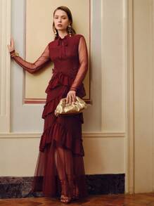 ZEYLAH DOBBY MESH TIE NECK LAYERED RUFFLE TRIM Dress