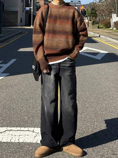 DAZY 男士宽松渐变条纹圆领休闲棕色毛衣，秋季