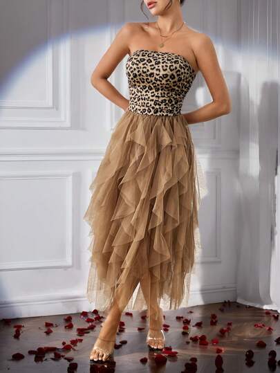 Rafferiza 女士豹纹露肩网眼撞色连衣裙，适合开学季女士长款服装