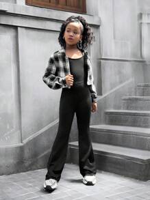 SHEIN Tween 女童休闲针织连体裤和格子纽扣衬衫 2 件套，母女配套服装（2 套单独出售） - 黑與白 - 查看 9